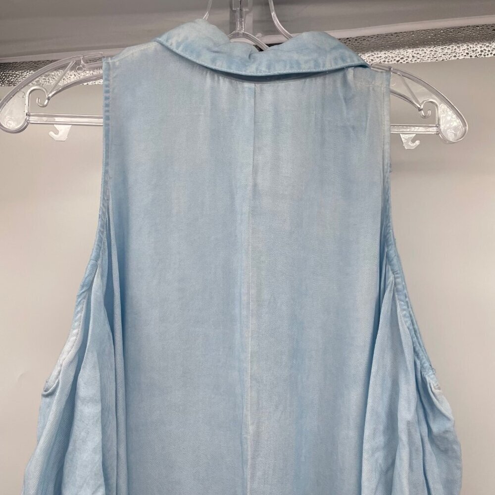 Umgee Womens Cold Shoulder Button Up Top Frayed Back Slit Blue Size Small - Picture 6 of 9